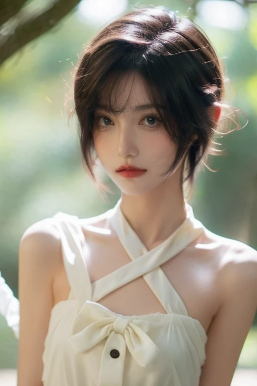 Girl, naked, Skinny body, small bust, short hair, Very curly, very detailed face, ribbon on his neck, standing,