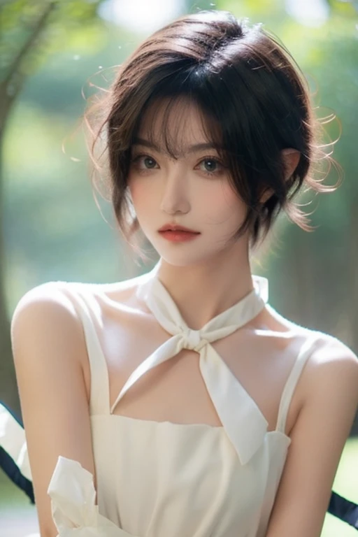 Girl, naked, Skinny body, small bust, short hair, Very curly, very detailed face, ribbon on his neck, standing,