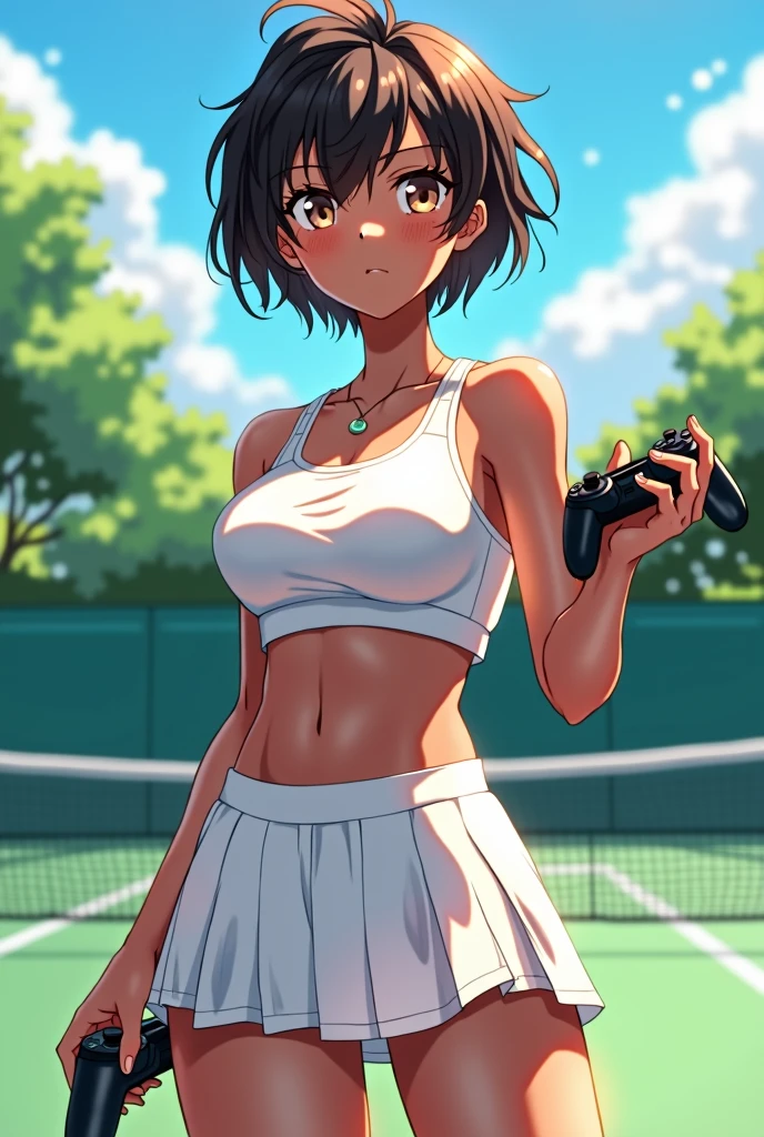 Hoshizora rin, bangs, beautiful, beautiful woman, perfect body, perfect breasts, wearing a tennis outfit, wearing a tennis hat, being on the tennis court, looking at the audience, a slight smile, masterpiece, textured leather, super detailed, high detail, high quality, best quality, 1080p, 16k, nipple