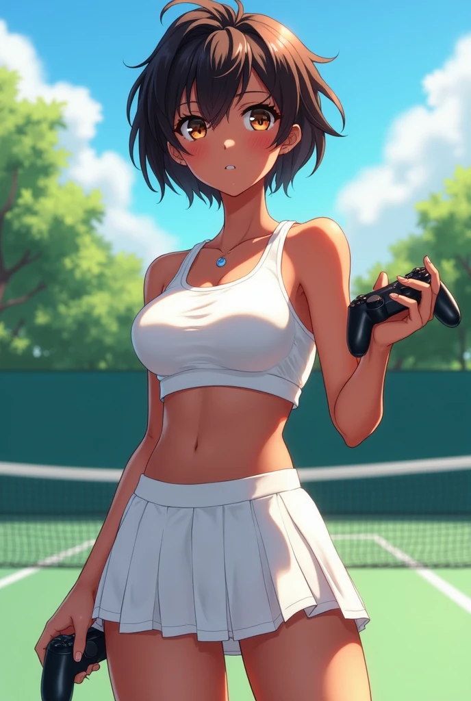 a pretty, busty anime girl in tennis outfit playing video game, 1girl, breasts, skirt, solo, dark skin, huge breasts, tennis uniform, short hair, looking at viewer, dark-skinned female, covered nipples, brown eyes, bangs, navel, bare shoulders, pleated skirt, thighs, white skirt, outdoors, blush,Wolf Cut tennis Girl tennis wear boyish ,shiny skin