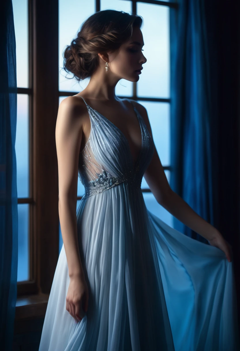closeup shot, woman in a dress standing in front of a window, romanticism, in evening gown, flowing gown, wearing a flowing dress, mysterious woman, haunting beautiful young woman, wearing a white flowing dress, flowing dress, woman in dress, extremely moody blue lighting,