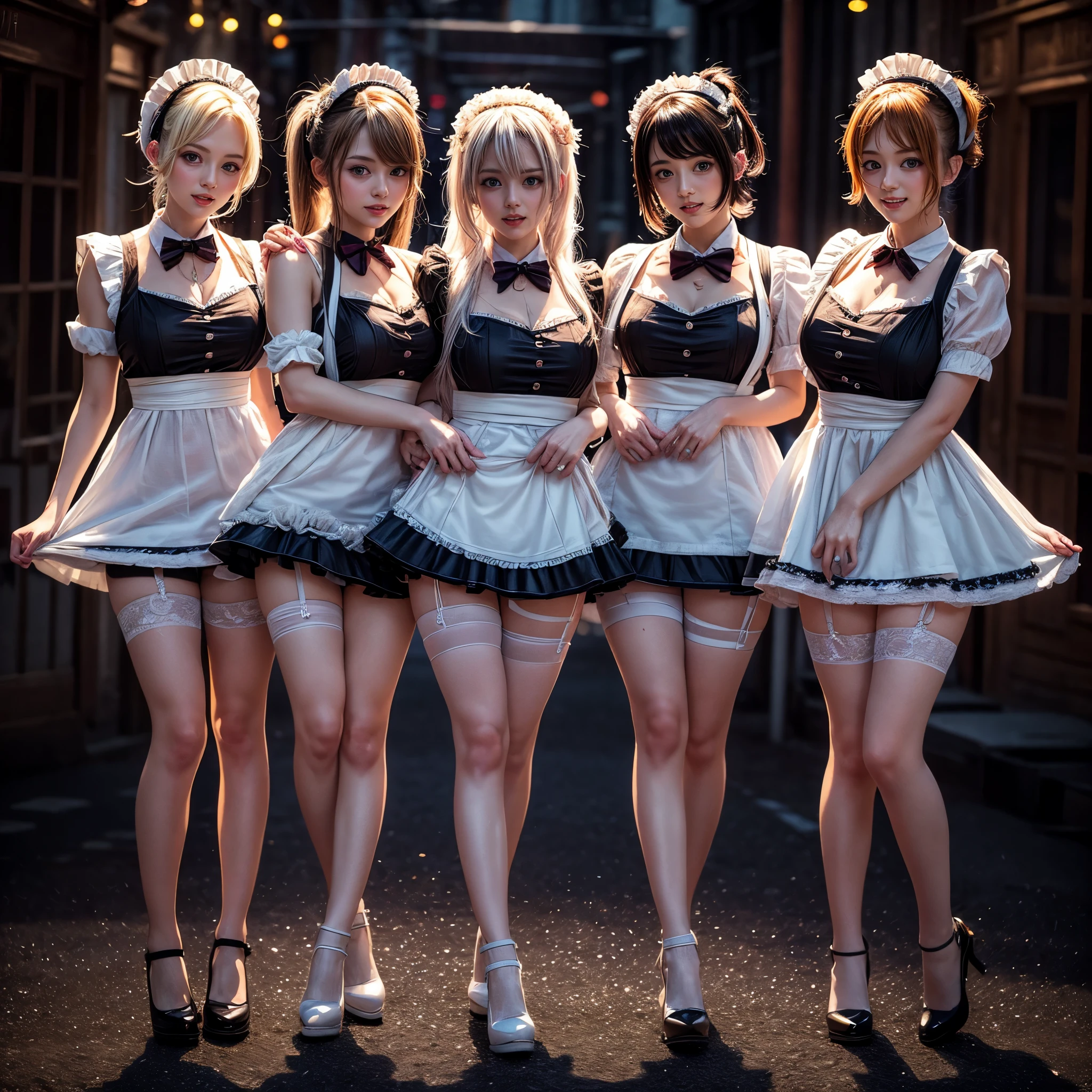 (Full Body of Extremely Detailed((Kawaii Maid Group in a row:1.37))), Cute perfect face, Reflective Eyes, Detailed(Delicate Clothing textures), Correct Leg Line, Dynamic Joyful Expressions LifeLike Rendering, Specular Reflection, TopQuality 8K Ultra-detailed masterpiece (ProfessionalPhoto:1.37), (Acutance:0.8), (Luminism:1.28), (Renaissance art style), Colorful Light particles, ((Full body from side)), {MicroMini Skirt|Kissing|Breast Lifting|Undressing|Thigh Gap|AssFocus}, Radiant Fine Skin with Transparency, (Exposed:0.5), (Different types of Anime hair color){Pink Hair|Blue Hair|Platinum Blonde|Pure White Hair|Liquid Hair}, Perfect Lighting