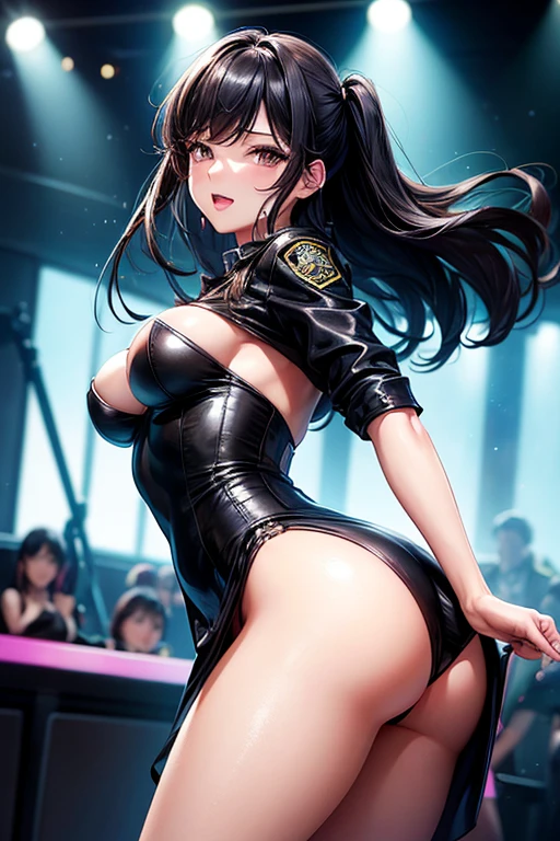 Draw Suzy in 4k quality, a female character with waist-length black hair wearing a sexy police officer costume. Suzy is thin with small breasts but has a very nice big and perky ass.. She is in a nightclub dancing at Poly dance showing her ass to the audience.