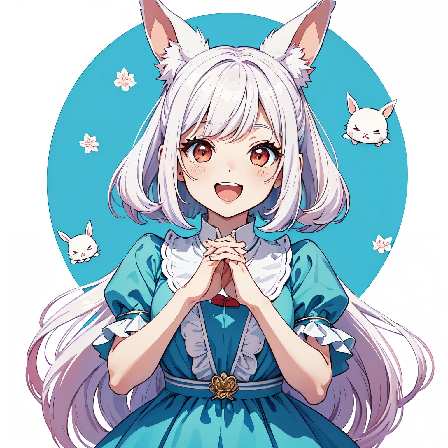 anime style, cute small white rabbit, ((hands together and big laugh and open mouth))), 1girl, (((chibi))), red eyes, tall ears, bob hairstyle, large face, short stature, wearing a light blue dress, (best quality,4k,8k,highres,masterpiece:1.2), intricate details,highly detailed,exquisite,stunningly beautiful,vibrant colors,soft lighting,fantasy,magical realism,((white background)) (simple background),