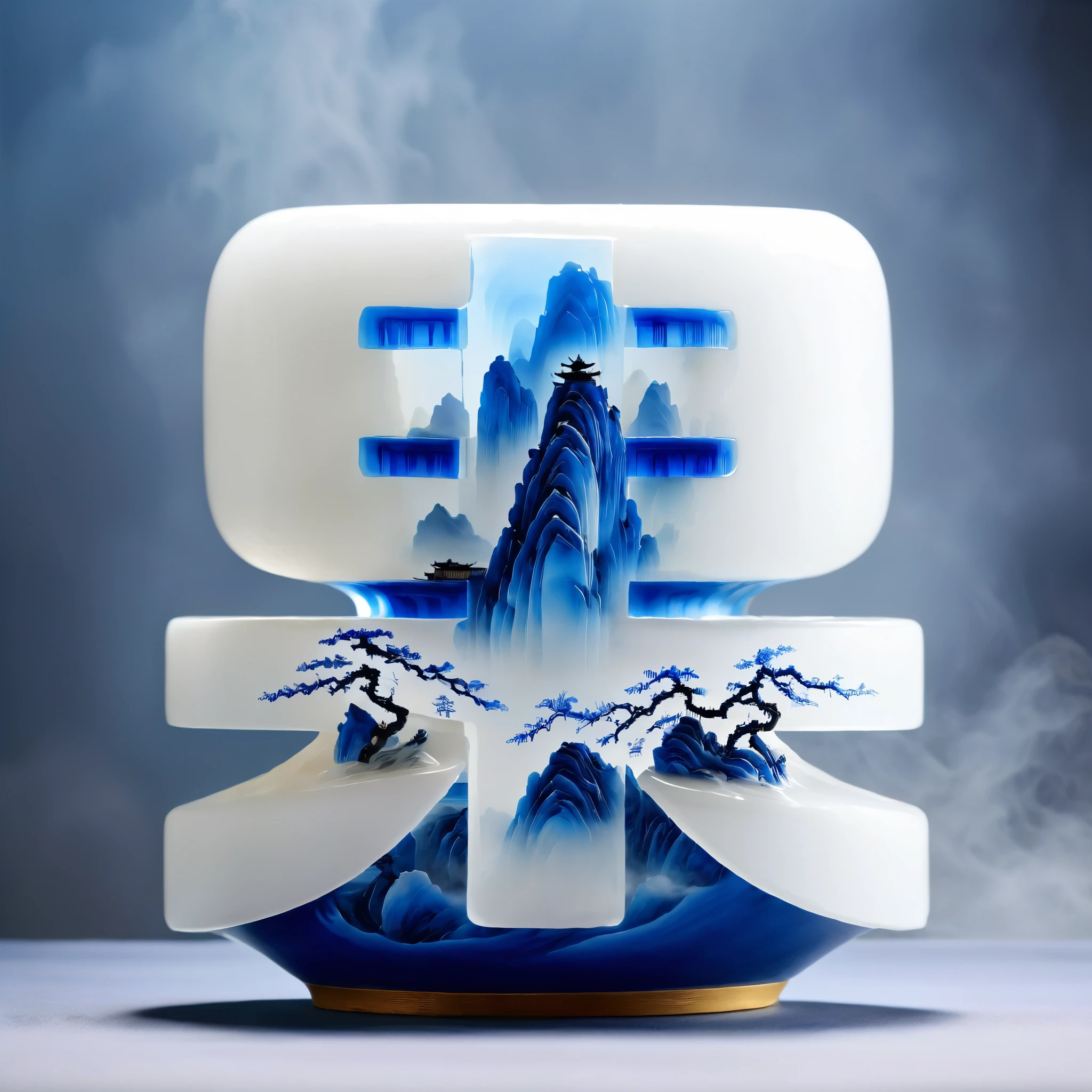 Micro landscape pattern carved on blue and white porcelain vase，Translucent glass material,Blue-white gradient,Traditional Chinese landscape painting,Abstract shapes,Minimalism,cave，3d。water vapor，White mist，Thick fog，