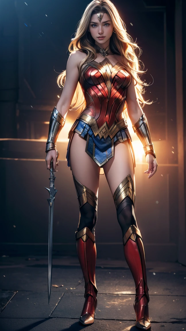(Highest quality,4K,High resolution:1.2),Very detailed,(Realistic:1.37),Beautifully structured scenes,Dramatic lighting, Wonder Woman from a close-up shot in DC, Twisted space, twisted undead in the background,lens blur,Light Shaft, intricate and complex details, Volumetric lighting, 4K Rendering, Stock Photo, hyperRealistic texture, HDR lighting effects, Unreal Engine,SHY SMILE,Standing gracefully、Blonde long hair、Long hair that reaches down to the toes、Removing the bulletproof guard from the hand