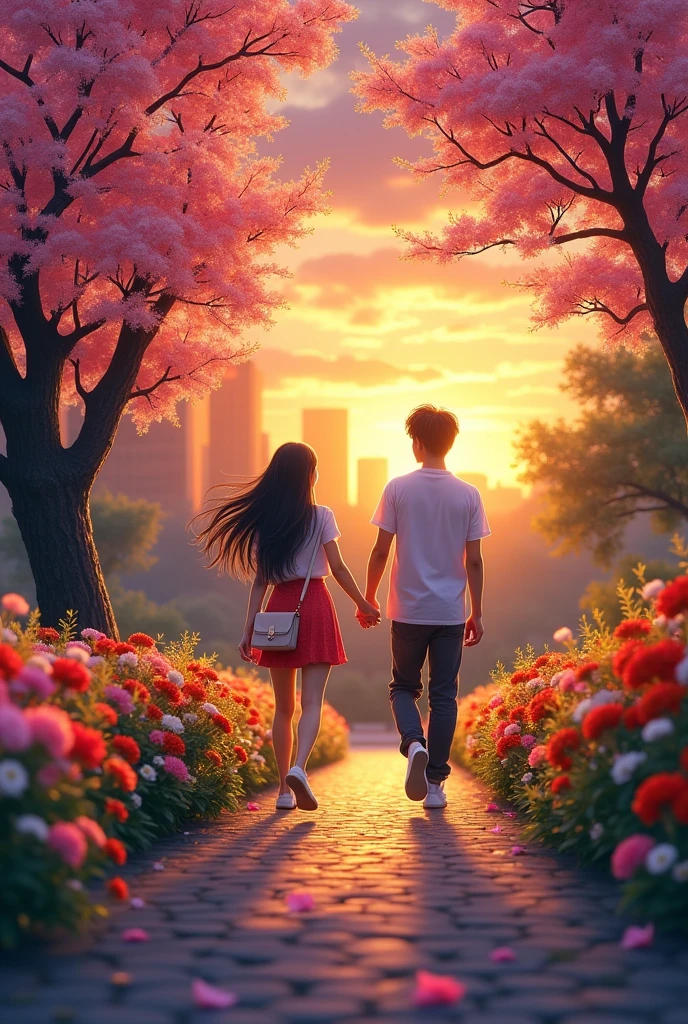 In the park, flowers bloom along the path. The sky is beautiful at dusk. A Japanese couple, a 20-year-old man and woman, walk along the path. The woman has long hair and her boyfriend is holding her hand. They are walking away from me, so I can only see their backs.