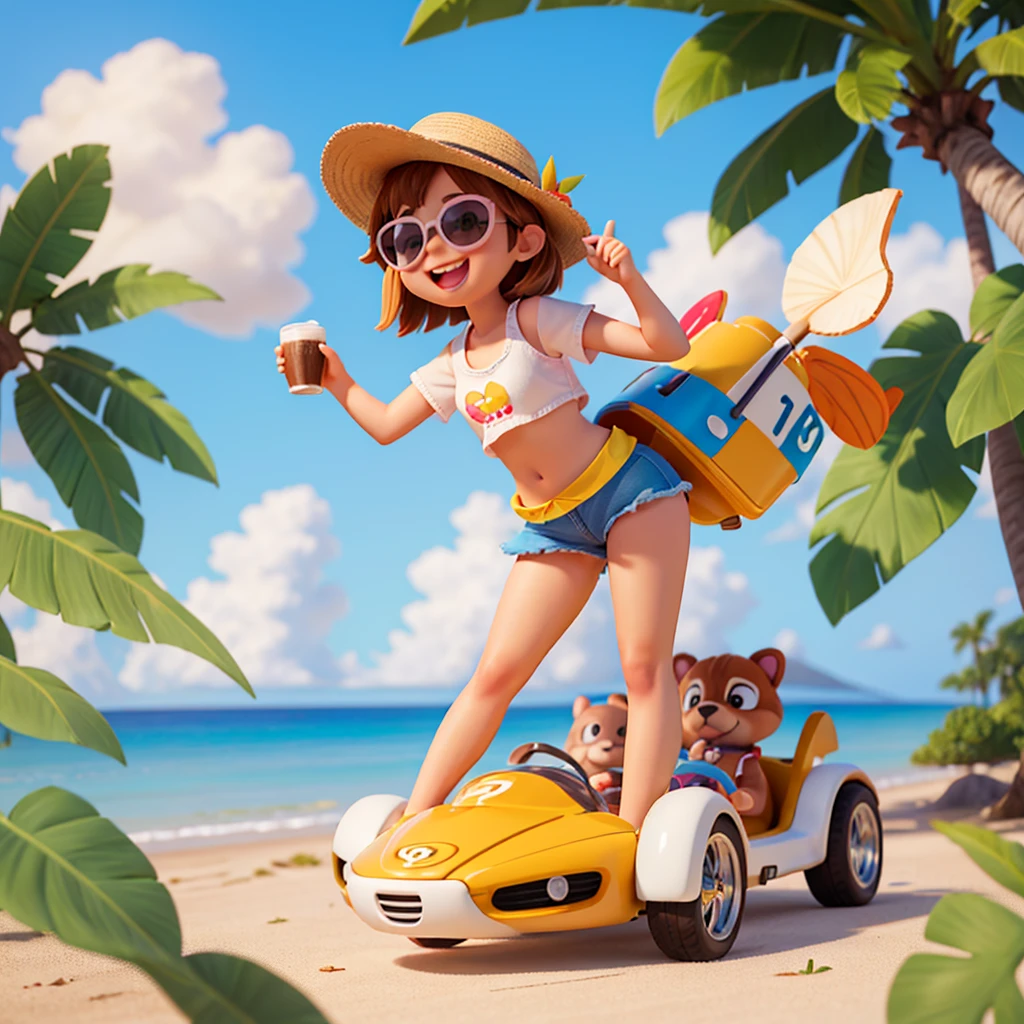 A hyperrealistic image of an adorable, cute cartoon puppy with a big, bright smile, standing confidently on a hydroplane. Beside the puppy is a huge cappuccino in a coffee glass, perfectly detailed with frothy foam. The scene is set on a tropical beach lined with coconut palms, under a clear vivid blue sky. The puppy is dressed in awesome summer clothes and wears trendy tropical sunglasses, exuding a cheerful vibe. Above the scene, the text 'Happy Sunday Morning' is displayed in a playful, vibrant font. The image is created in Pixar and Disney style with professional natural lighting, stunning color grading, and ultra-high detail in 8K resolution.
