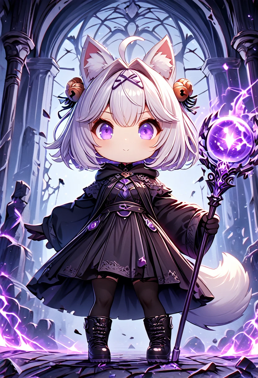 master piece, best quality, ultra-detailed, illustration, midnight, battlefield, gloomy atmosphere, broken castle, broken walls, ruins, purple flames, purple lightning, 1girl, solo, chibi, (big head), cute pose, front view, looking at viewer, ((full body Close up)), chubby, fat, filian, filianoverall, Filiansailor, ((white hair)) , short hair, shoulder length hair, fly-away hair, bangs, hairclip, purple hair ornament, cat ears, (hair bell:1.3) ahoge, purple eyes, closed mouth, smiling, (white fox tail), (black tattered robe), long gown, black arm sleeves, (black gloves) , wielding orbstaff, black stockings, black boots