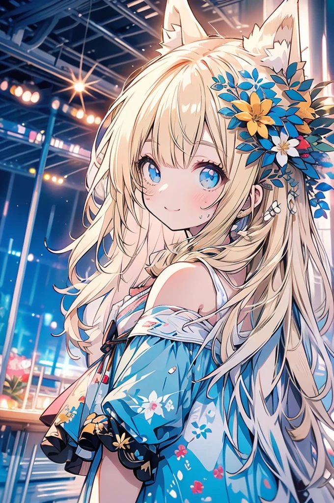masterpiece, best quality, ultra detailed, insanely detailed, hyper detailed, woman, smiling, walking, looking at viewer, brown eyes, jitome, detailed face, light brown skin, tall, slender, sweater, shorts, teenager, japanese, outside, on the street, with shooting stars, in the evening, with rain, cel anime, sharpen, blue, ahoge, semi long, blue eyes, green background, medium shot, intense wide shot, glad, with fox ears, mole, blonde