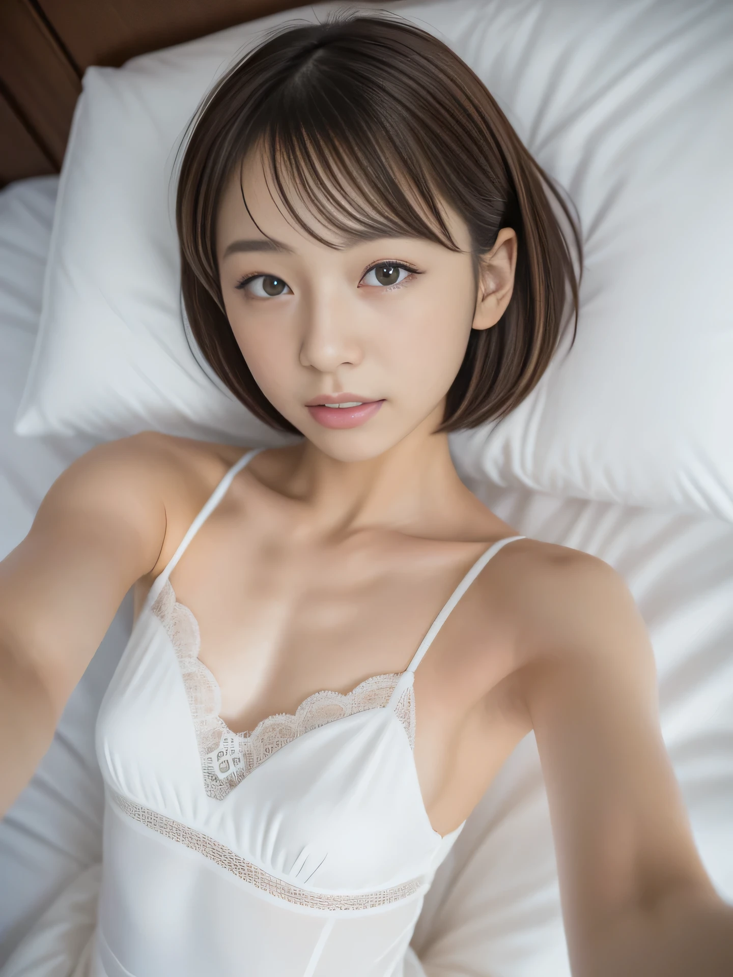 Photorealistic, Ultra-detailed, (best quality, 8k, 32k, masterpiece, UHD:1.2), Photo of Pretty Japanese gravure idol taken by professional photographer, white camisole mini dress, delicate figure, lying on bed, arched back, on back, (selfie:1.3), skinny, small breasts, short hair, looking at viewer, angry,