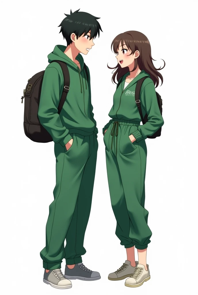 A young man and woman wearing green long-sleeved casual jumpsuits.
Anime style.
White background.