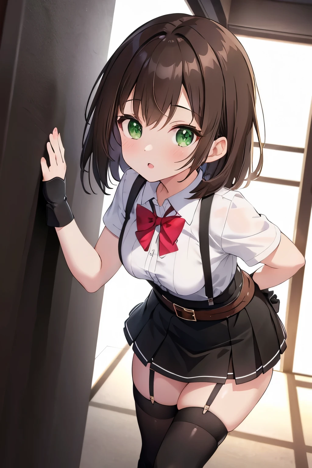 ((masterpiece, Highest quality, High resolution, 超High resolution, Pixel perfect, Written boundary depth, 4K, RTTX 10.0, High resolution))), 1 person, single, One personで, Beautiful Anime, Beautiful art style, Anime characters, ((Shortcuts, bangs, Dark brown hair)), ((Green Eyes:1.4, Round eyes, Beautiful eyelashes, current eyes)), ((Smooth texture:0.75, Anime CG style)), ((Dynamic Angle, close)), Perfect body, (cute), Normal chest, whole body, ((4K, 8k, Highest quality, Perfect Fingers: 1.3, Perfect Anatomy: 1.3, Background Blur)), whole bodyアングル, Brown Hair, Looking at the audience, suspenders, Large, swollen breasts, Black mini skirt, ガーターbelt, Knee-high socks, Near and far in the air, Small face, bangs, beauty, Show your hand, Side view, Black boots, Taunt, One person, Dress shirt, Hands Behind Back, put your, Hands Behind Back, your back, fold your hands behind your back, holster, belt, Garter Bell, Black gloves with holes, Hotel Rooms, bed, wall side