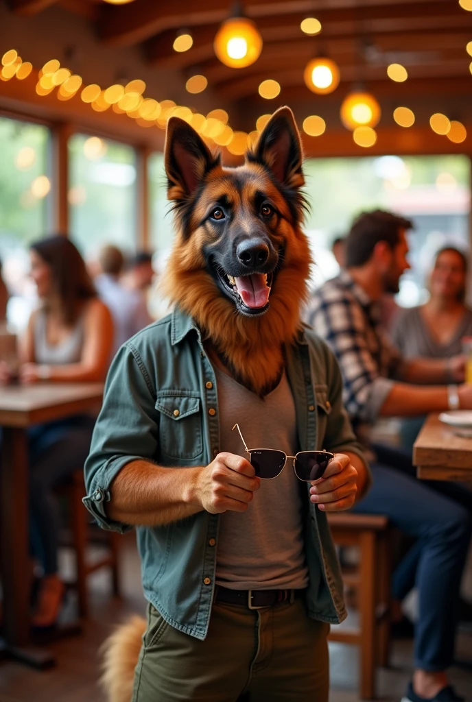 solo, pubraseer, furry german sheperd dog, muscular body, handsome, Smiling, mouth open, holding glassess, cool pose, casual shirt, casual pants.