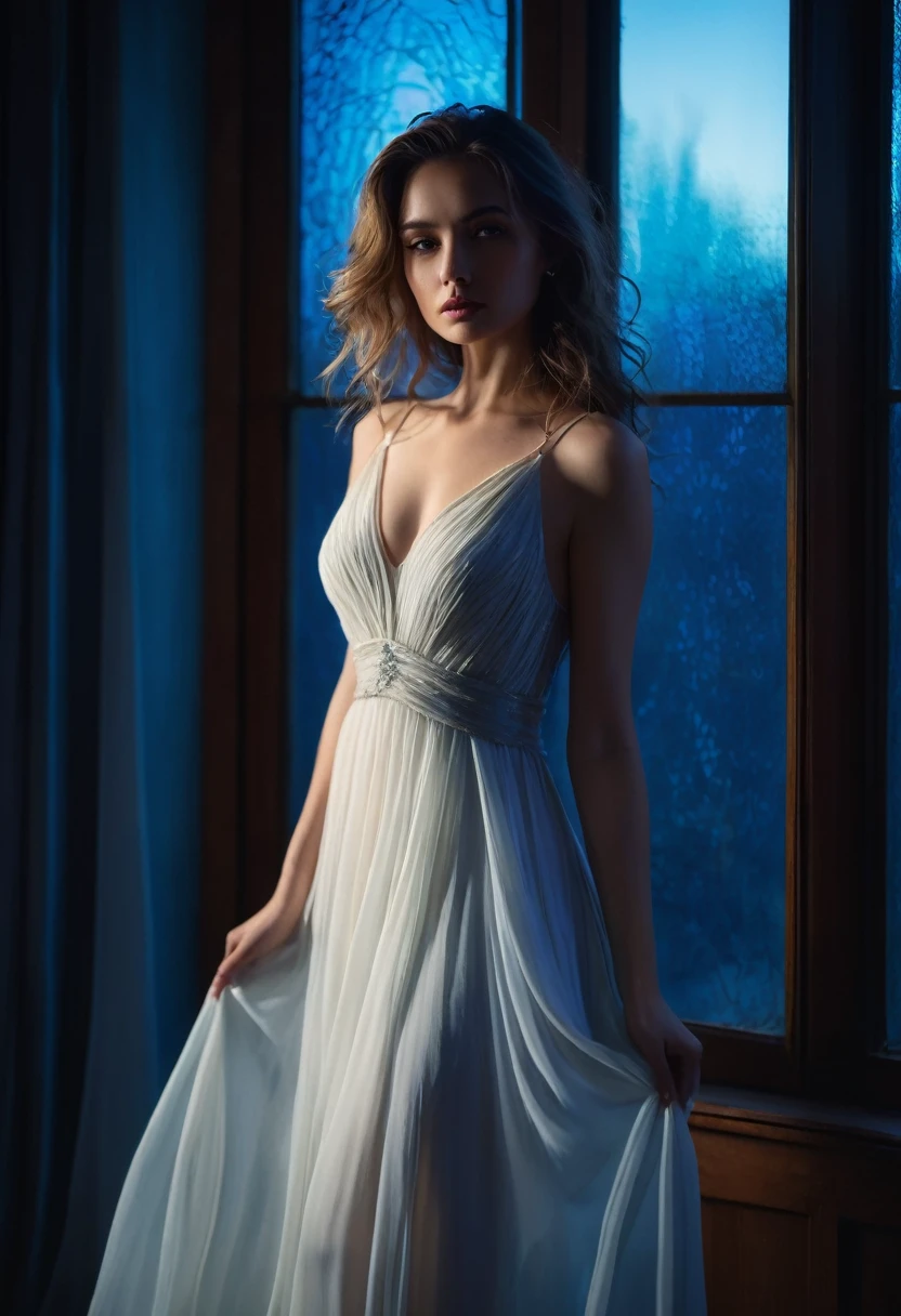 closeup shot, woman in a dress standing in front of a window, romanticism, in evening gown, flowing gown, wearing a flowing dress, mysterious woman, haunting beautiful young woman, wearing a white flowing dress, flowing dress, woman in dress, extremely moody blue lighting, 