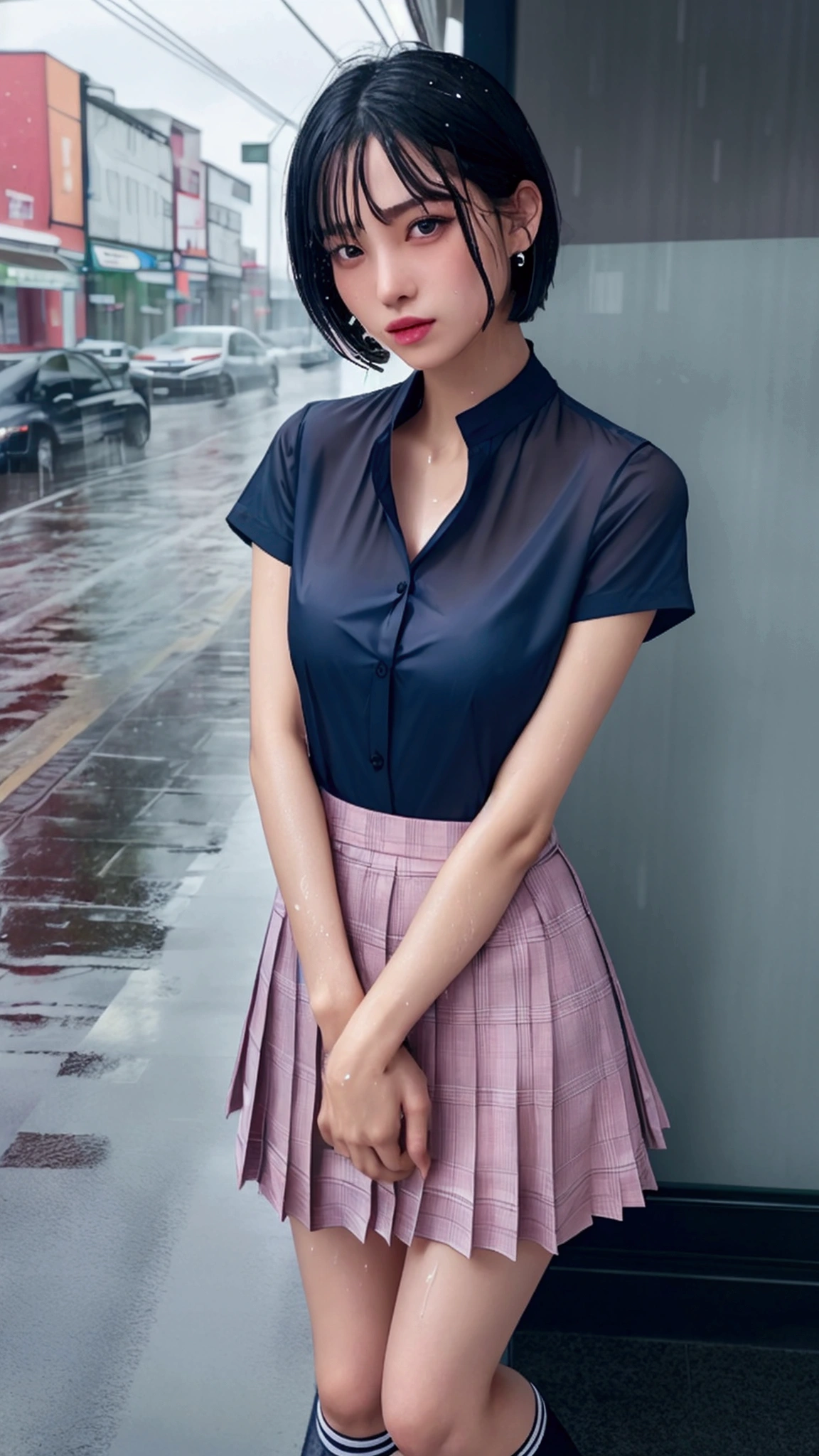 (8k, Photorealistic, Raw photo, Highest quality: 1.4),Japanese idol-style beautiful girl,1 person,(Short Bob),(Black),She has her hair tucked behind her ears,(Raindrops dripping from hair: 1.1),Clear grey eyes,Eyes moist,Long eyelashes,(piercings(small)),(Lip gloss),lips(Plump,glossy),Skin that is as white and smooth as translucent porcelain,Thin and delicate shoulders,thin abdomen,(Open-collar shirt(White,Short sleeve)),(bra(Pink)),(Pleated skirt(Plaid)),(socks(Dark Navy)),(loafers(Black)),summer,On the way home from school,(It is raining suddenly),(Taking shelter under the awning of a cafe),(Soaked from head to toe),(Shirt wet and clinging to skin, translucent),(Raindrops are dripping down her chest.),(Stand with your feet together),(She looks out at the rainy street),(A cafe window as a backdrop),(A view from across the street, from her perspective),(Medium-range shooting),(Snap a full body shot)
