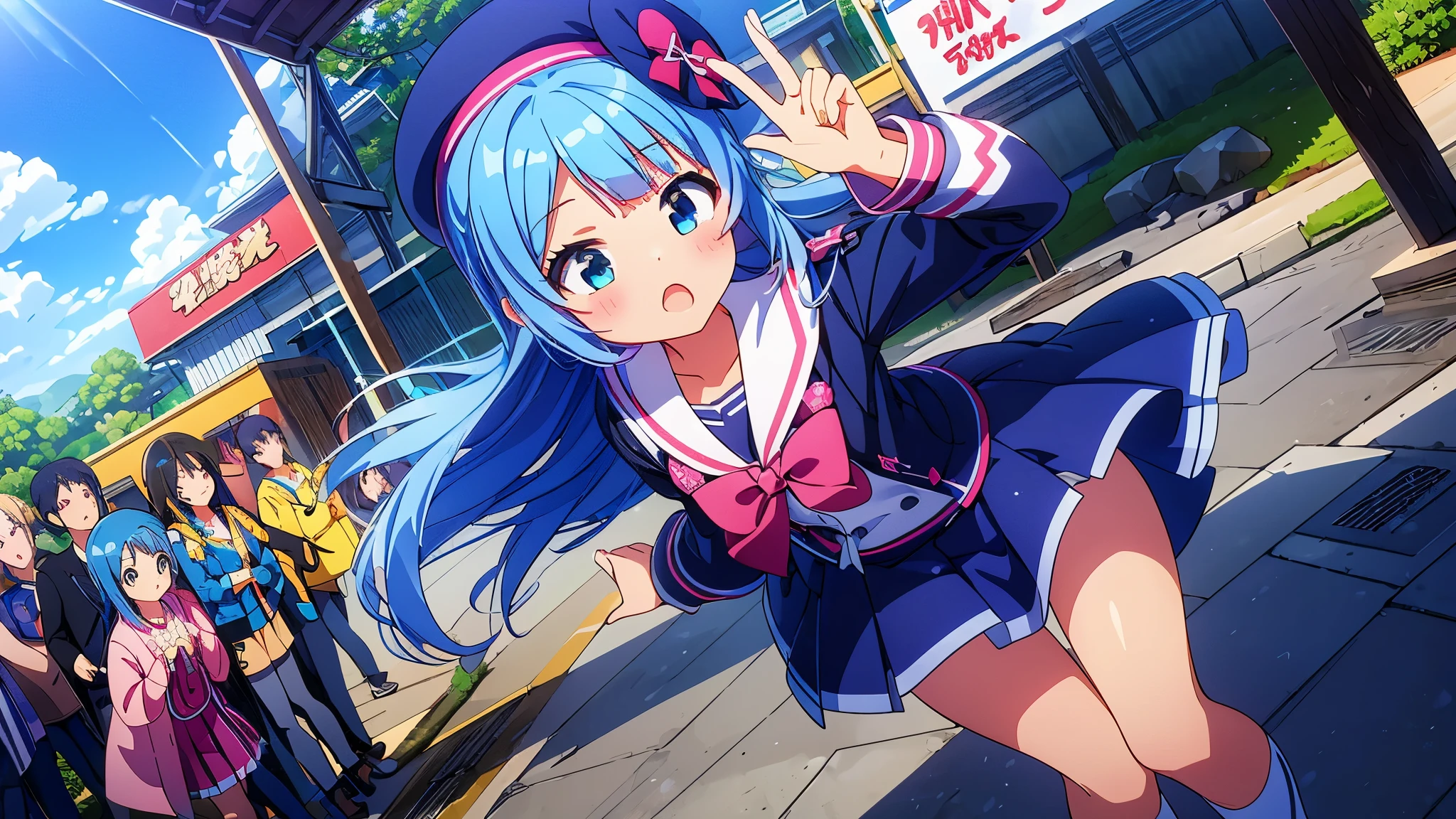 One girl only girl masterpiece、Superior image quality、超High resolution、blue hairs、blush、mock、Open your mouth a little、casual clothes、casual miniskirt、Wearing a small beret、japanese amusement park school uniform navy