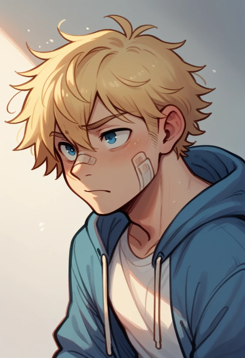 Human Male, Blonde Messy hair , wearing BLUE Hoodie , wearing Bandage , white Sweater ,