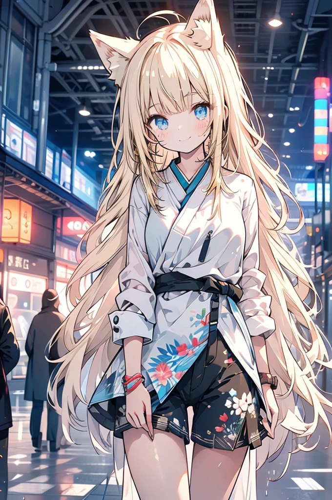masterpiece, best quality, ultra detailed, insanely detailed, hyper detailed, woman, smiling, walking, looking at viewer, brown eyes, jitome, detailed face, light brown skin, tall, slender, sweater, shorts, teenager, japanese, outside, on the street, with shooting stars, in the evening, with rain, cel anime, sharpen, blue, ahoge, semi long, blue eyes, green background, medium shot, intense wide shot, glad, with fox ears, mole, blonde
