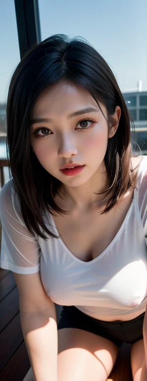 Gentle expression, Kneel, Place your hands between your legs, White shorthair, (8k, RAW Photos, Realistic:1.25) ,( Lip gloss, eyelash, Glossy face, Glowing Skin, Highest quality, Ultra-high resolution, Depth of written boundary, chromatic aberration, Caustics, Wide Light, Natural Shadows, K-Pop Idols) She gazes at the viewer with a look of serenity and goddess-like bliss., whole body, Beautiful medium breasts, See-through shirt, White shirt, secretary、Protruding nipples、Sexy thighs、No underwear on、