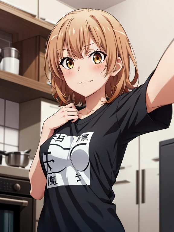 ((masutepiece, Best Quality, hight resolution, nffsw, Perfect Pixel, depth of fields, 4K, )), 1girl in, Solo, , Beautiful anime girl, Beautiful Art Style, 
very low view angle:1.3, view from below:1.5, kitchen background, 
Perfect body, smug face:1.5, shot from below:1.4, selfie, lift tshirt, show boobs, show nipples,
isshiki iroha, short hair, medium breasts, 
Full face blush, red face, 
straight on:1.3, medium shot