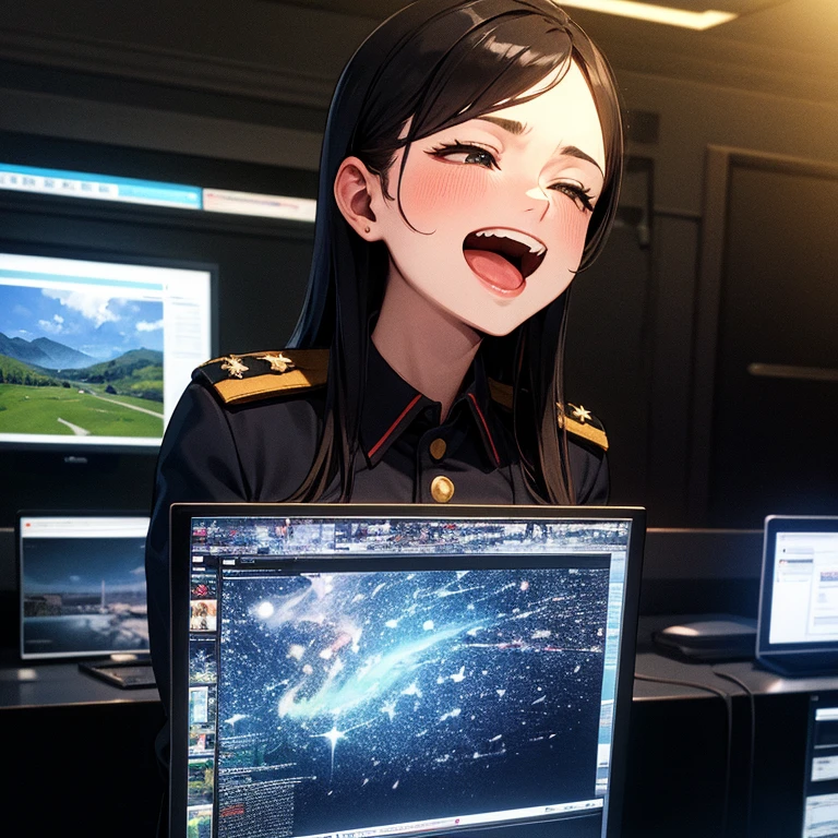 Absurd decision, a high resolution, (masterpiece: 1.4), hyperdetailing, Middle-aged man in military uniform, Scientific observatory, screen wall and more, excited open mouth, upper body photo