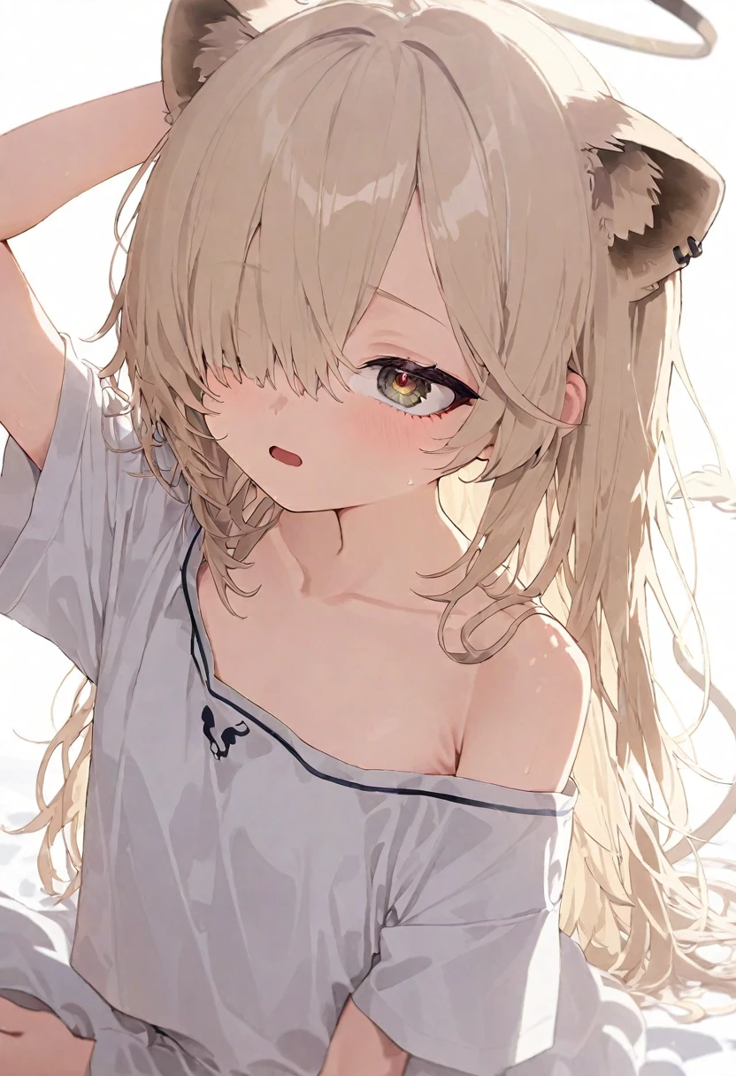 (musterpiece), (best quality), (score_9, score_8_up, score_7_up), very detailed eyes, expressive eyes, perfect face, very detailed face, highly detailed face, beautiful girl, 8K, beautiful girl, white background, delicate and beautiful face and eyes, dark intense shadow, 1 girl, vtuber style, cool girl, hololive, vtuber, rurudo_lion, Platinum blonde lion ears, Platinum blonde lion tail, Platinum blonde hair, long hair, messy hair, golden eyes, hair between eyes, White pajamas, short sleeves, close one eye, look up, small chest, clavicle, yawned and stretched, one arm up, armpit, (full body), sitting on bed, indian style,