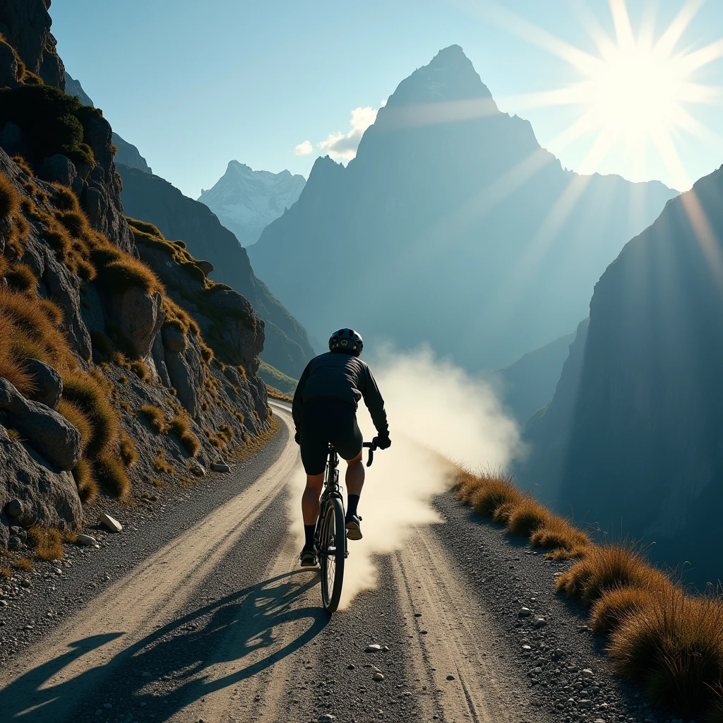 On the rugged mountain road, rider bravely conquer every steep slope. Using high angle photography to capture the interaction between cyclist and mountainou environment. Beautiful cinematic lighting, surreal, RAW photo, color graded, dynamic movement, captivating chiaroscuro, full body, award-winning, cinematic still, emotional, vignette, dynamic, vivid, (masterpiece, best quality, photorealistic, Professional, perfect composition, very aesthetic, absurdres, ultra-detailed, intricate details:1.3)