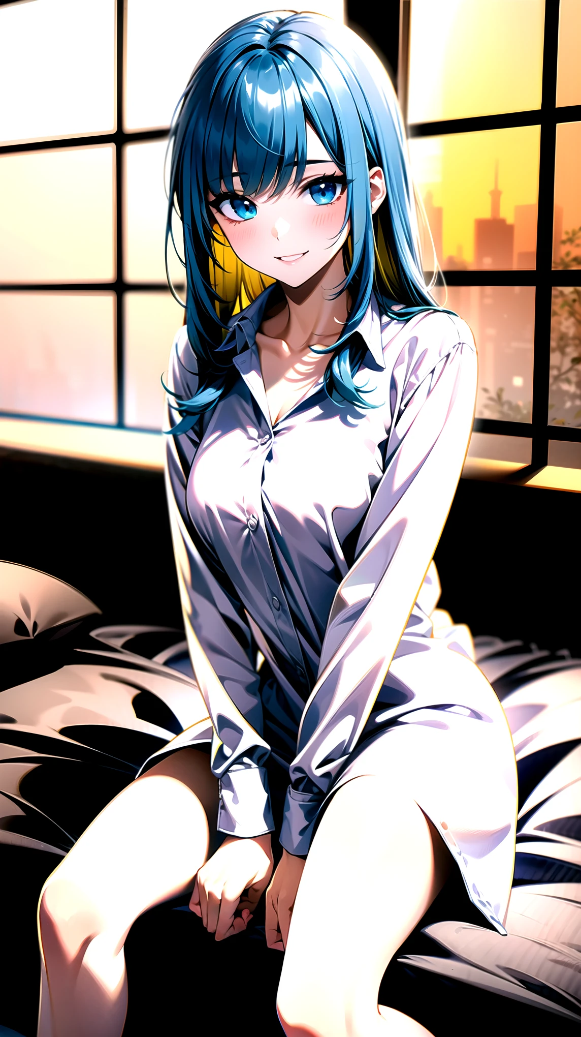（（super high quality,Ultra-high resolution,4K,8k,super masterpiece,Ultra HD ,Detailed shading））,Full body photo,A room where the morning sun shines,Sit on the bed,1 high school girl,popped collar White shirts,Long sleeve,Straight emerald blue hair that extended to her shoulders,Neatly trimmed hair,Side-swept bangs,Light blue eyes,Sharp gaze with raised eyebrows,smile,
