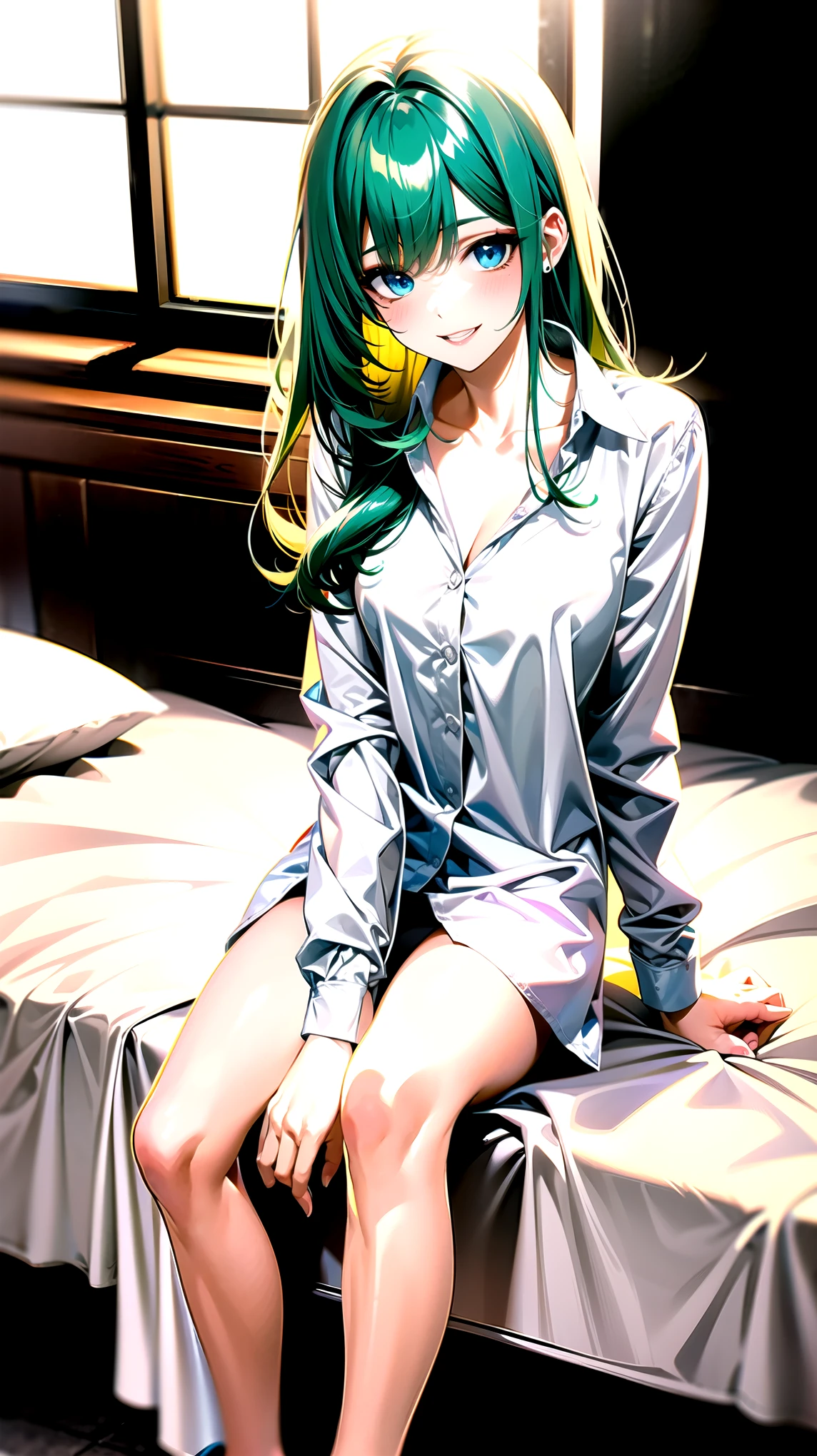 (highest quality:1.2, Very detailed, up to date, Vibrant, Ultra-high resolution, High Contrast, masterpiece:1.2, highest quality, Best aesthetics), Portraiture、girl、(25 years old:1)), Bright colors、Beautiful fine details、Beautiful lip detail、long hair、ponytail, white and yellow green ((streaked hair:1.6)), highlights hair: 1.5, (small breast,:1) (tan skin:1.1), 、sleeping on the bed, sleep sprawled out, lie down on her back, bad sleeping position , sexy pajamas, from above, cowboy shot