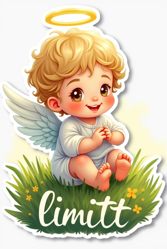 drawn drawing, Sticker, in the style of illustration
Beautiful little angel - child in the grass, Sticker,  light eyes, halo overhead, smile, 
Under it, a word in Cyrillic "limit"