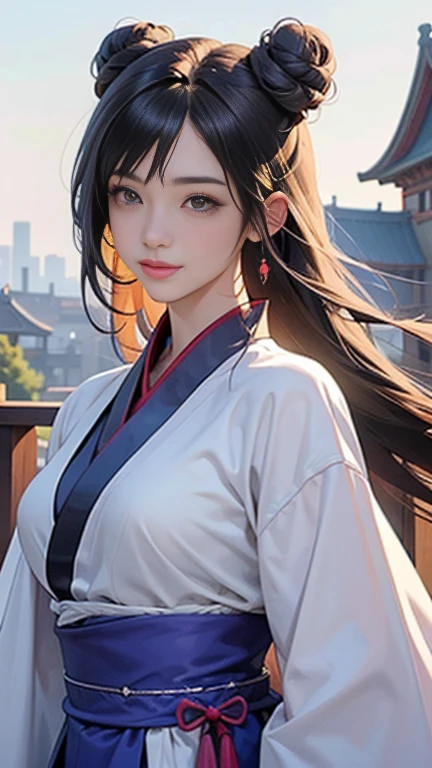 ( High resolution、 Super detailed)、masterpiece、Highest quality、High resolution、8k、Detailed Anime、Buildings from the Tang Dynasty、Tang Dynasty China、Tang Dynasty China、Young and beautiful woman、Beautiful Face、Beautiful Face、Pretty lips、Hanfu、(whole body)、Hair styled in a bright-colored round bun、Smiling eyes、Walking、Cowboy Shot、background、Plum blossom、Detailed CG、