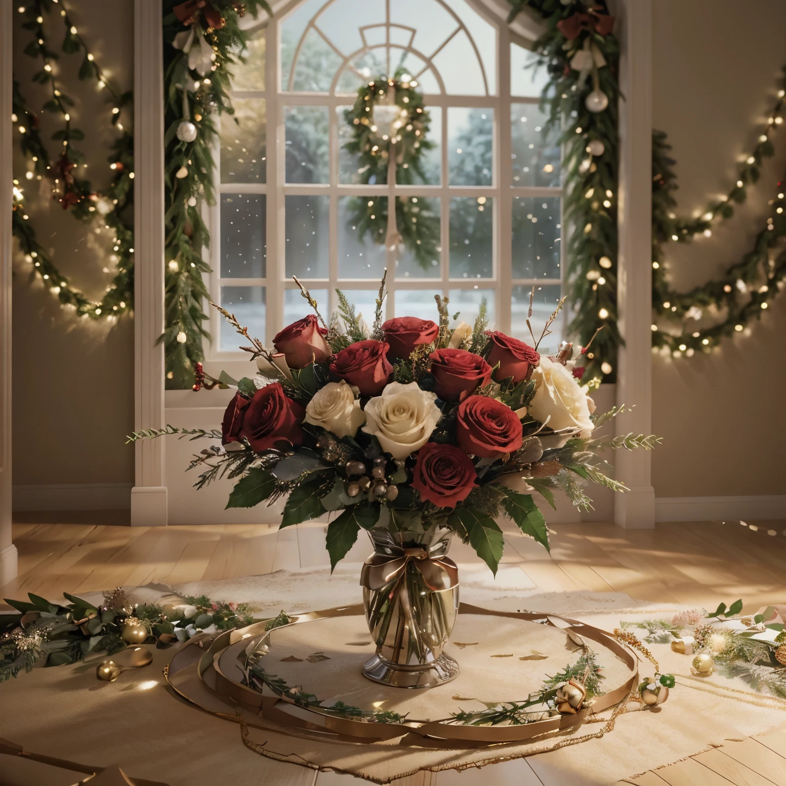 Visualize a photorealistic 3D cartoon scene that highlights a breathtaking 'Christmas bouquet of flowers' featuring a stunning arrangement with an array of textures and colors. The scene should be adorned with captivating Christmas lights, creating a festive and enchanting holiday atmosphere. Request ultra-high detail to bring out the intricate features of the bouquet and the beauty of the Christmas scene.