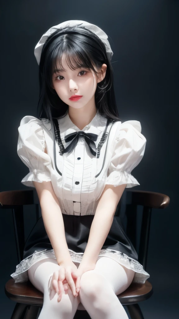 Super cute black hair,Black Lolita dress girl. 8K ultra-high quality, Delicate texture, Pure white background.Wear black pantyhose,Show long legs,sit on the chair