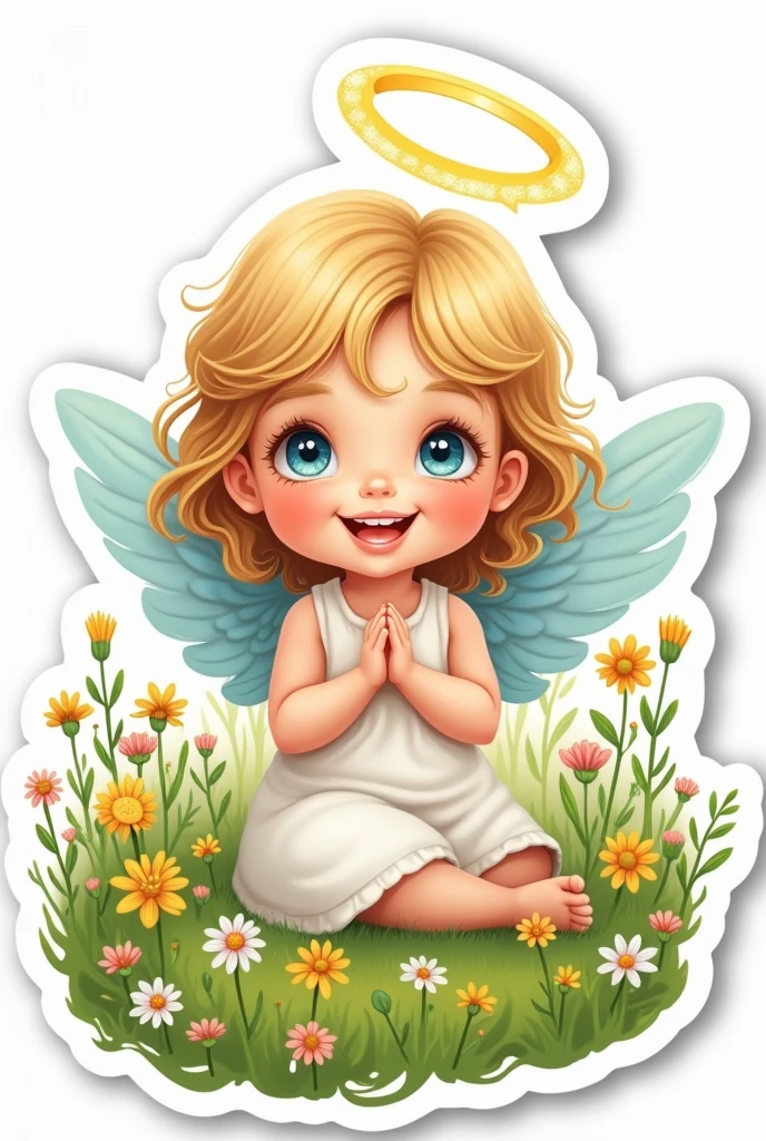 drawn drawing, Sticker, in the style of illustration
Beautiful little angel - child in the grass, Sticker,  light eyes, halo overhead, smile, 
