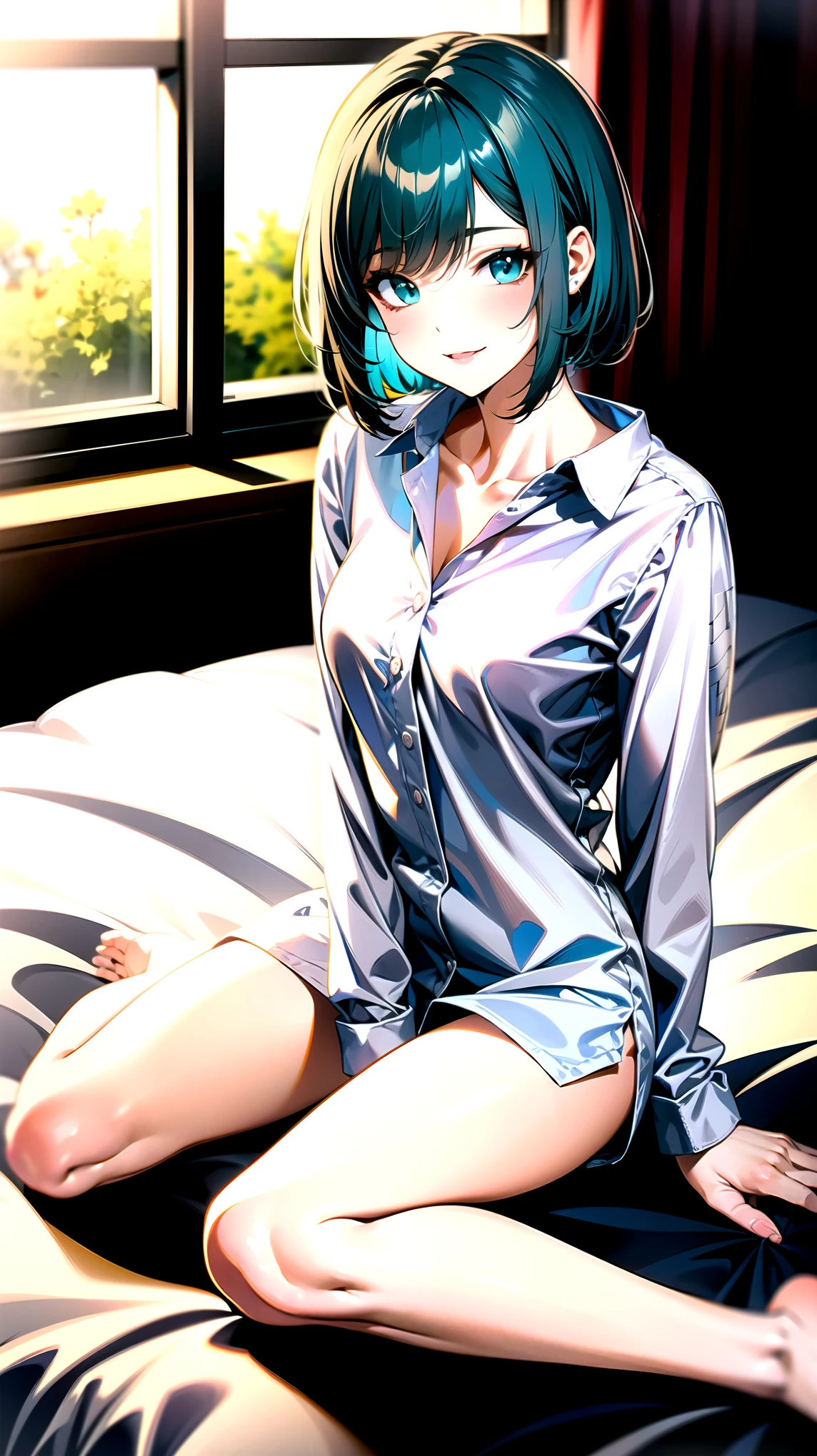 ((super high quality,Ultra-high resolution,4K,8k,super masterpiece,Ultra HD ,Detailed shading)),Full body photo,A room where the morning sun shines,Sit on the bed,1 high school girl,BOYFRIEND shirts,Roll up your sleeves below your elbows,Straight emerald blue hair that extended to her shoulders,Bobcut,Side-swept bangs,Light blue eyes,Sharp gaze with raised eyebrows,smile,