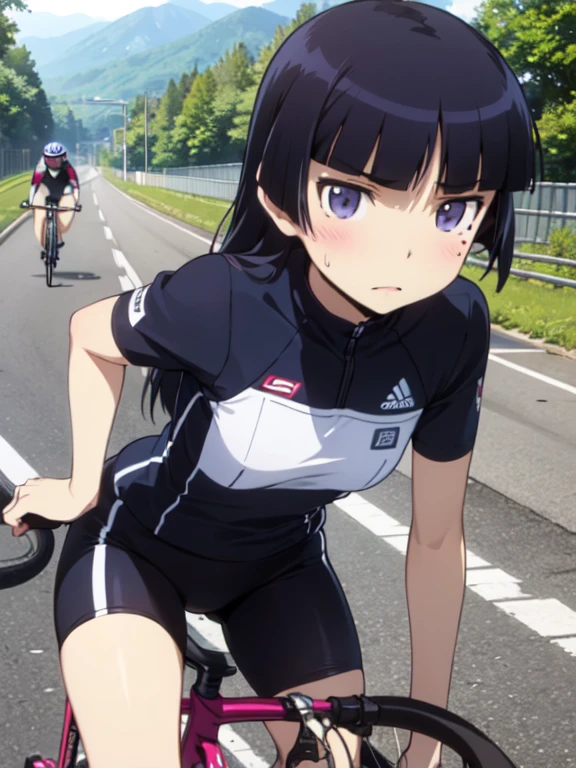ride a bicycle, (ruri gokou), woman, alone, Black Hair、long hair, Hime cut, Mole under the eye, Helmet, Cycle pro team wear, Mountain course, Road race, Sweat glistens, sunlight, Rough road, Energetic
