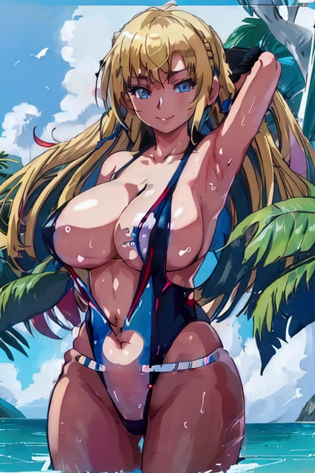 1girl, Kurashiki_Reina(Saimin Seishidou), breasts, swimsuit, blonde_hair, solo, long_hair, blue_eyes, outdoors, navel, one-piece_swimsuit, cleavage, smile, looking_at_viewer, beach, day, sky, large_breasts, armpits, huge_breasts, thighs, black_one-piece_swimsuit, blue_sky, arm_up, collarbone, ocean, arm_behind_head, o-ring, rock, slingshot_swimsuit, closed_mouth, tree