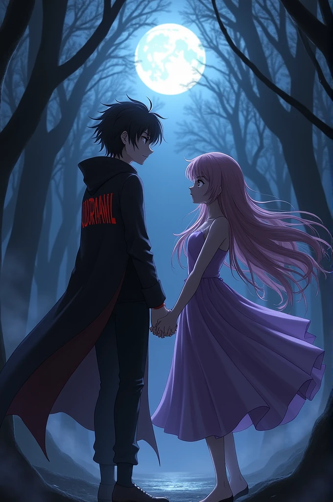 Give me a image of a evil anime boy who wearing a cloth which is written Rudranil ,who holding hand of a anime girl who wearing a cloth which is written Srijoni