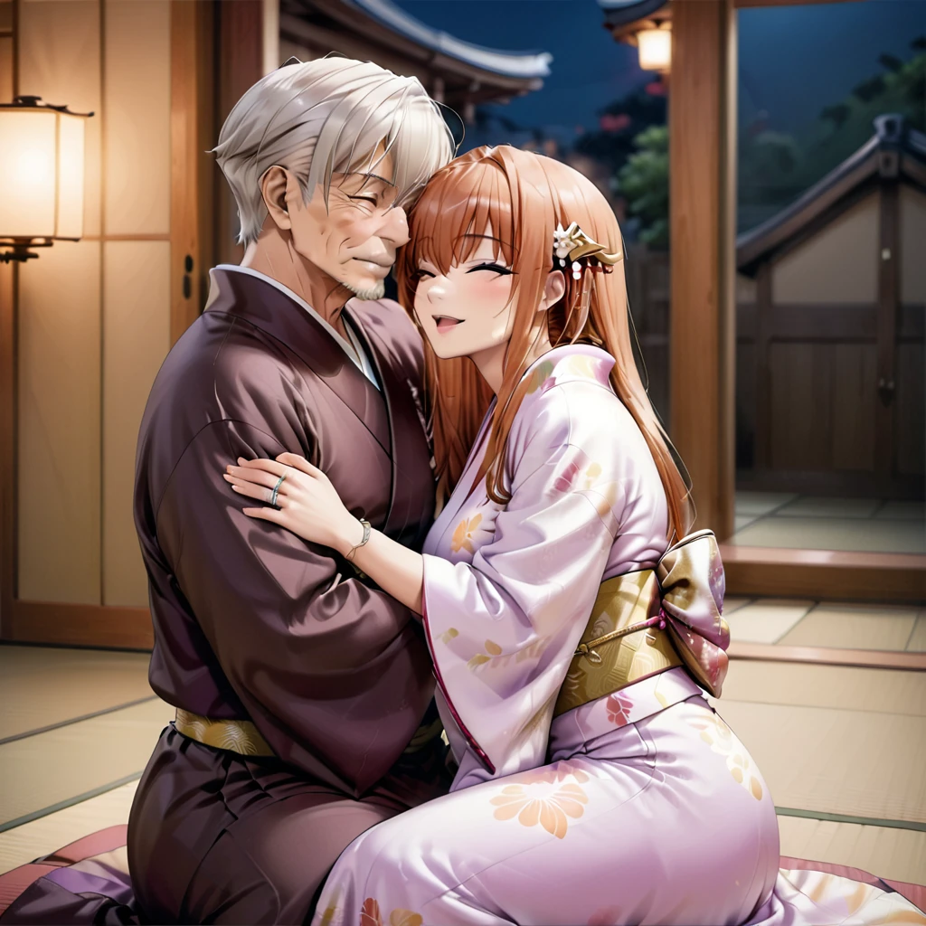 ((Highest quality)), ((masterpiece)), (detailed), （Perfect Face）、The woman holding the baby is Maya Cordelia, she has orange semi-long hair and is wearing a luxurious and gorgeous kimono. Her hair is styled in a Japanese fashion and she is wearing an engagement ring.、The woman is lying next to an elderly man on the futon in the tatami room at night.、The woman is hugging and kissing an elderly man, looking happy and in love、The old man is wearing an engagement ring
