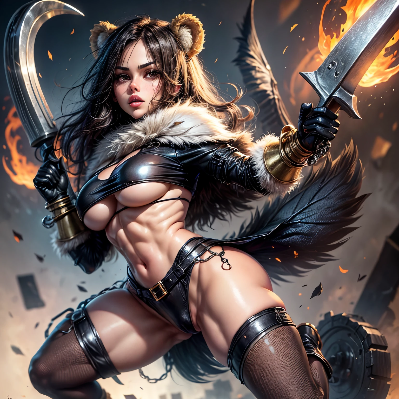 score_9,score_8_up,score_7_up,score_6_up, cute 1 girl, super hero,  girl, bear fur costume (:1.9) messy brunette hair (:1.9) chest freckles (:1.3) stuningly beautiful focus (:1.9) form fitting mismatched fur and chain costume (:1.9) battle stance (:1.9) legs parted (:1.9) fur pants (torn from battle), view from front, low angle, seductively looking-into-camera, holding large axe, full body portrait (:1.9) 300dpi, upscaled 8K, midriff_peek, masterpiece, finest quality art, perfect anatomy, perfect hands (:1.9) full body barbarian costume (:1.9) fur gloves and boots (:1.9) dark fantasy (:1.9) battle dragon background,
Negative Prompt