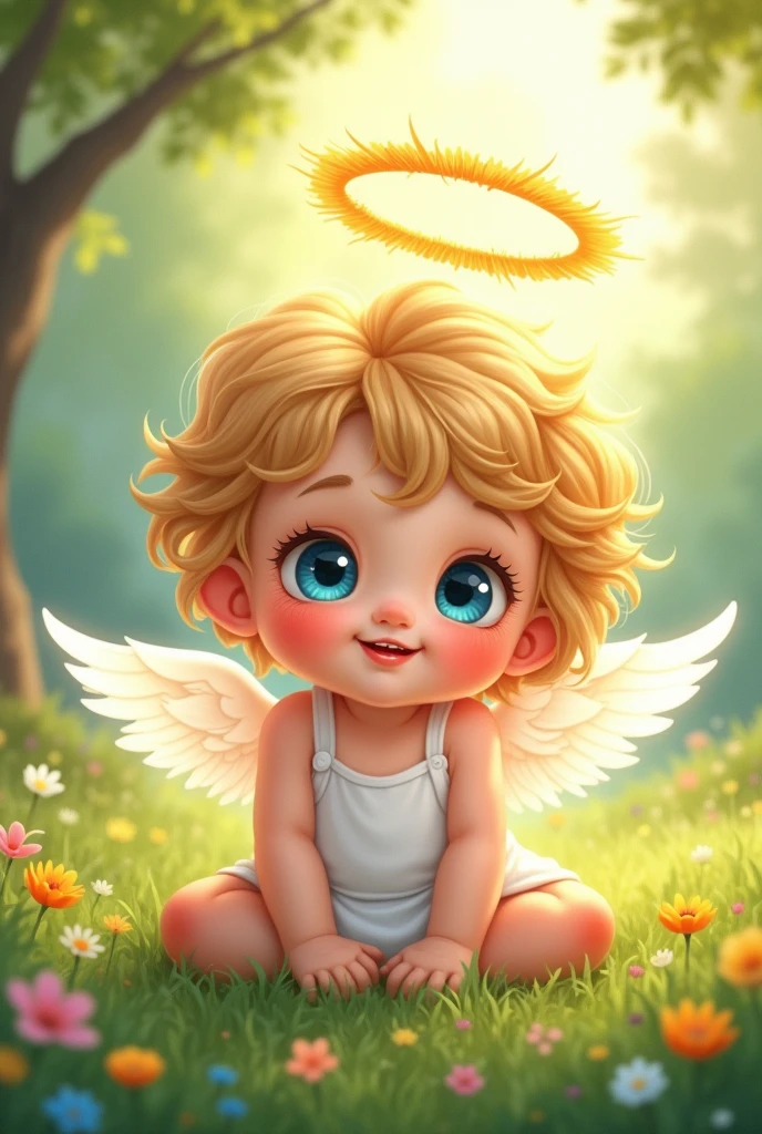 drawn drawing, Sticker, in the style of illustration
Beautiful little angel - child in the grass, Sticker, light eyes, halo overhead, smile,