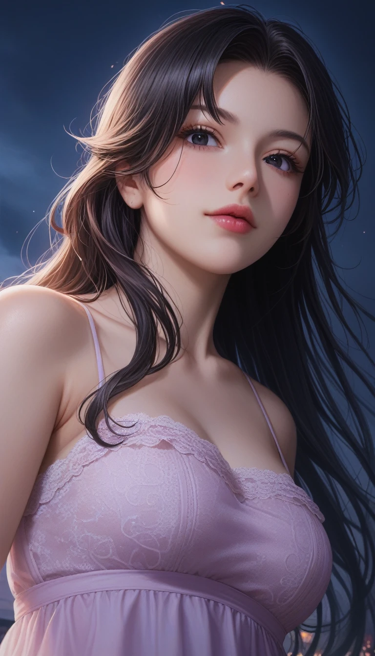 score_9, score_8_superior, score_7_superior, High-resolution CG illustration,A masterpiece in 32K resolution,Highest quality,it is really amazing,Very detailed,Ultra-high resolution,Ultra-realistic,Realistic,Increased depth of field,Cinematic lighting,
Sexy mature Japan woman,
Glossy black hair,Straight Long Hair,Showing his forehead,god々Beautiful,Ultra-detailed and beautiful face,Sensual look,Beautiful dark brown, moist eyes,Pitch black eyes,Glowing, moisturized skin,Translucent white skin,born々New skin texture,Great proportions,
Sexy summer resort slit dress,
Bold design,Detailed lace decoration,Pastel-toned chic color scheme,詳細なborn地の質感,
A dark and blurry night background,Dark overcast sky on a dull night,Dark clouds filling the sky,Thundercloud,Coastline at night,Stormy seas,delay々A desolate sandy beach that continues,
Cinematic,Low - Angle,