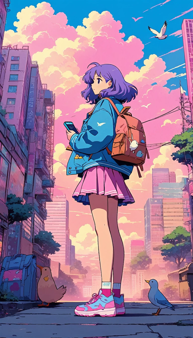 alone, lofi artstyle, lofi art, city, town, 80s anime style, Retro, Lo-Fi, masterpiece, best quality, (extremely detailed CG unity 8k wallpaper), (best quality), (best illustration), (best shadow), absurdres, realistic lighting, (Abyss), beautiful detailed glow, 1girl, solo, long hair, skirt, long sleeves, holding, standing, jacket, purple hair, outdoors, sky, shoes, day, cloud, bag, from behind, blue sky, bird, phone, backpack, blue jacket, building, sneakers, pink skirt, city, pink footwear, facing away, wide shot, skyscraper