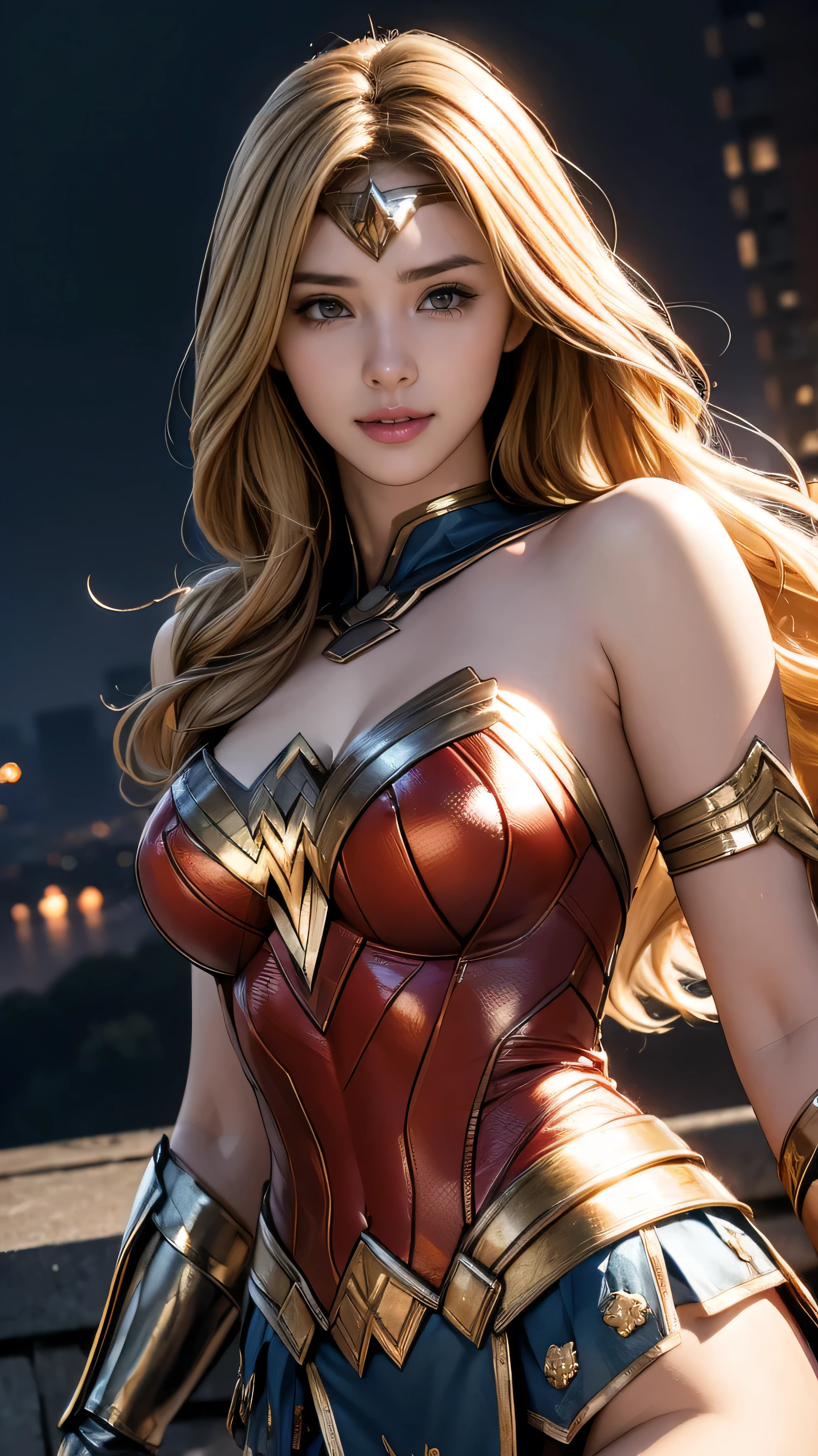 (Highest quality,4K,High resolution:1.2),Very detailed,(Realistic:1.37),Beautifully structured scenes,Dramatic lighting, Wonder Woman from a close-up shot in DC, Twisted space, twisted undead in the background,lens blur,Light Shaft, intricate and complex details, Volumetric lighting, 4K Rendering, Stock Photo, hyperRealistic texture, HDR lighting effects, Unreal Engine,SHY SMILE,Standing gracefully、Blonde long hair、Long hair that reaches down to the toes、Removing the bulletproof guard from the hand