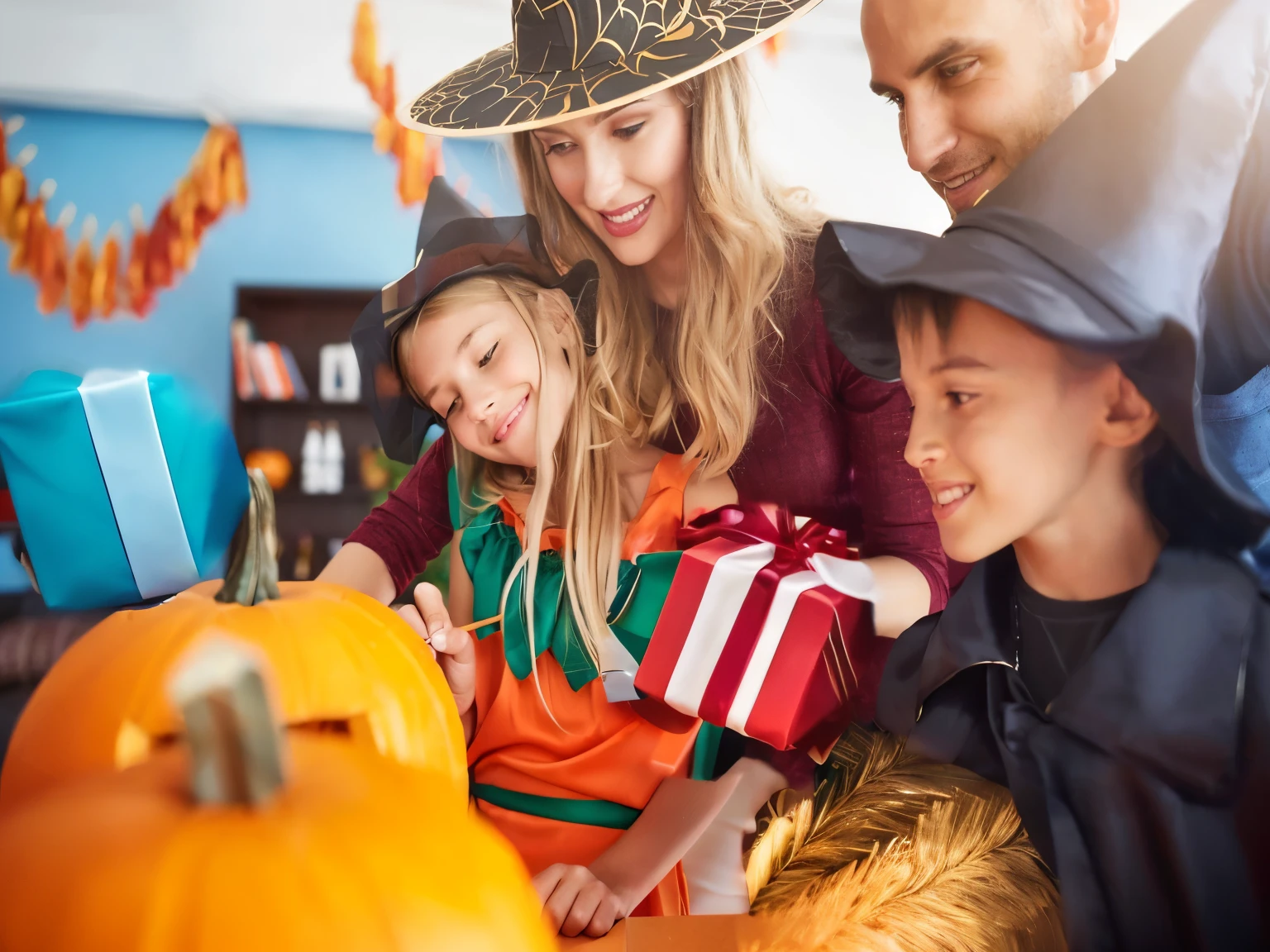 A family of four dressed in Halloween costumes, including a woman dressed as a devil, a girl dressed as a witch, a boy with blackface and a man with face paint and a pumpkin accessory all of them happy
