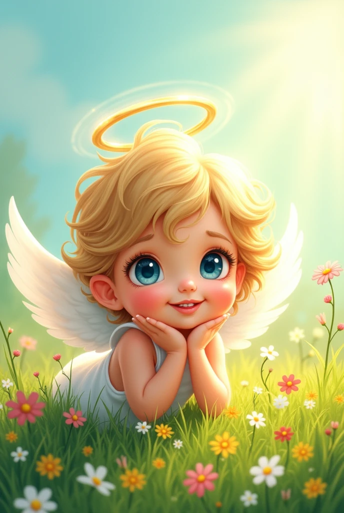 drawn drawing, Sticker, in the style of illustration
Beautiful little angel - child in the grass, Sticker,  light eyes, halo overhead, smile, 
