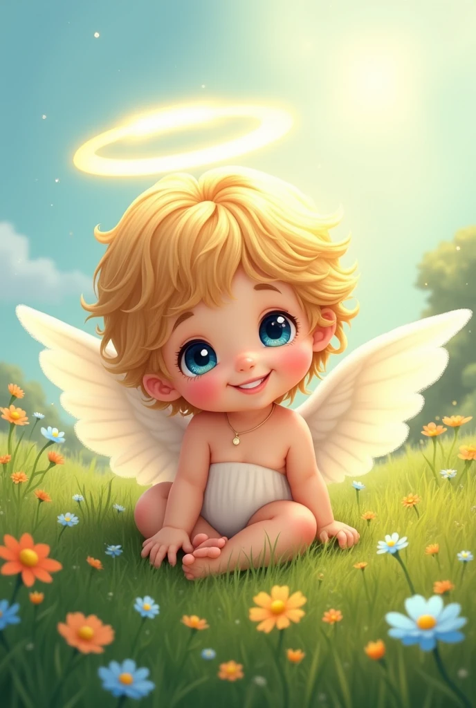 drawn drawing, Sticker, in the style of illustration
Beautiful little angel - child in the grass, Sticker,  light eyes, halo overhead, smile, 
