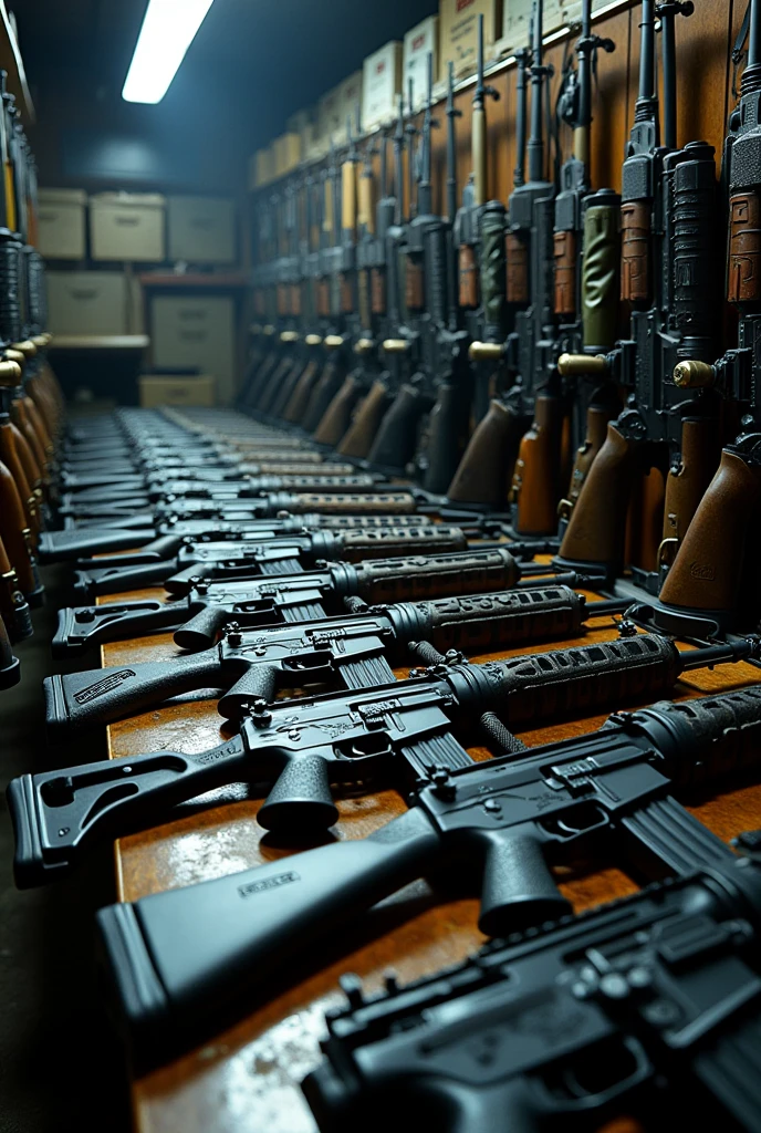 An arsenal of weapons including rifles, pistols, submachine gun and machine gun