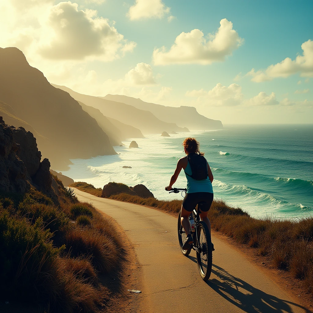 A cyclist rides along the coastline, with the sea breeze gently brushing and the waves crashing against the shore. Using a horizontal perspective to showcase the harmonious coexistence between cyclists and the ocean. Beautiful cinematic lighting, surreal, RAW photo, color graded, dynamic movement, captivating chiaroscuro, full body, award-winning, cinematic still, emotional, vignette, dynamic, vivid, (masterpiece, best quality, photorealistic, Professional, perfect composition, very aesthetic, absurdres, ultra-detailed, intricate details:1.3)